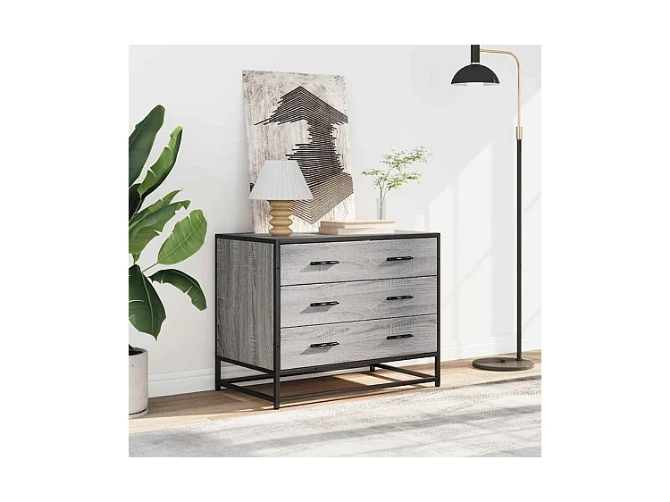 Commode 3 tiroirs Dovany L70xH56xP41 - Bois et métal-Couleur Chêne gris