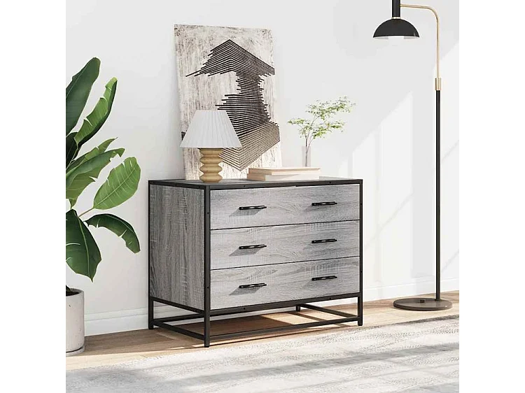 Commode 3 tiroirs Dovany L70xH56xP41 - Bois et métal-Couleur Chêne gris