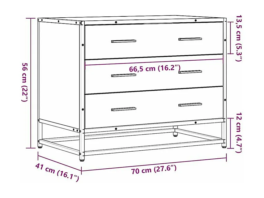 Commode 3 tiroirs Dovany L70xH56xP41 - Bois et métal-Couleur Chêne gris