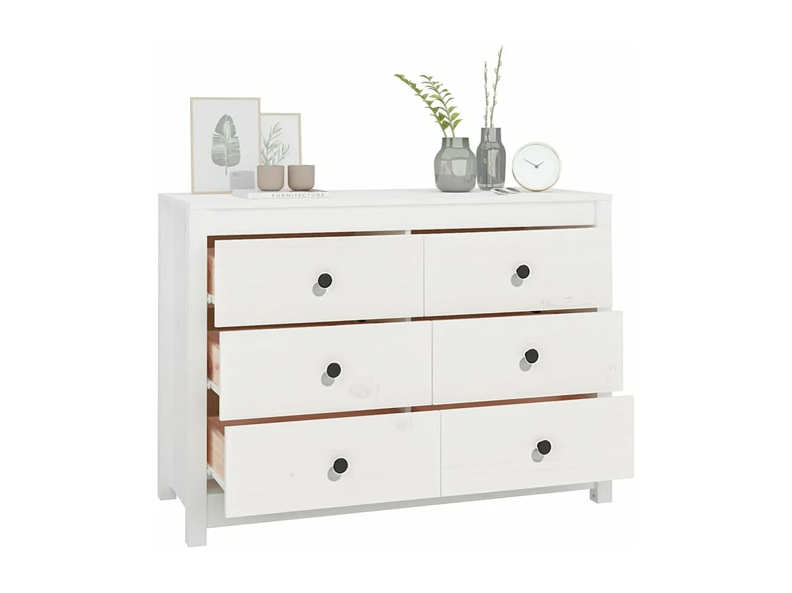Commode 6 tiroirs en bois de pin massif 100cm – Collection Kaskita-Couleur Blanc