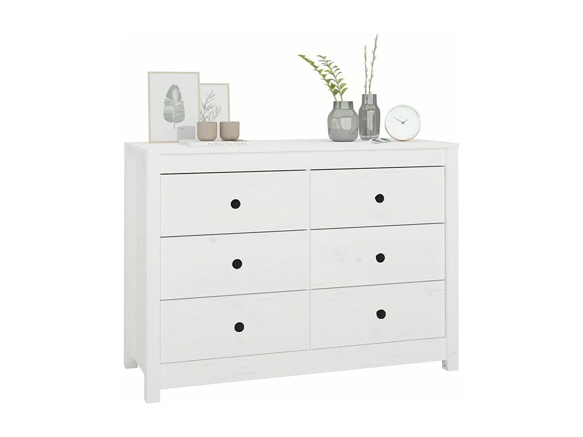 Commode 6 tiroirs en bois de pin massif 100cm – Collection Kaskita-Couleur Blanc