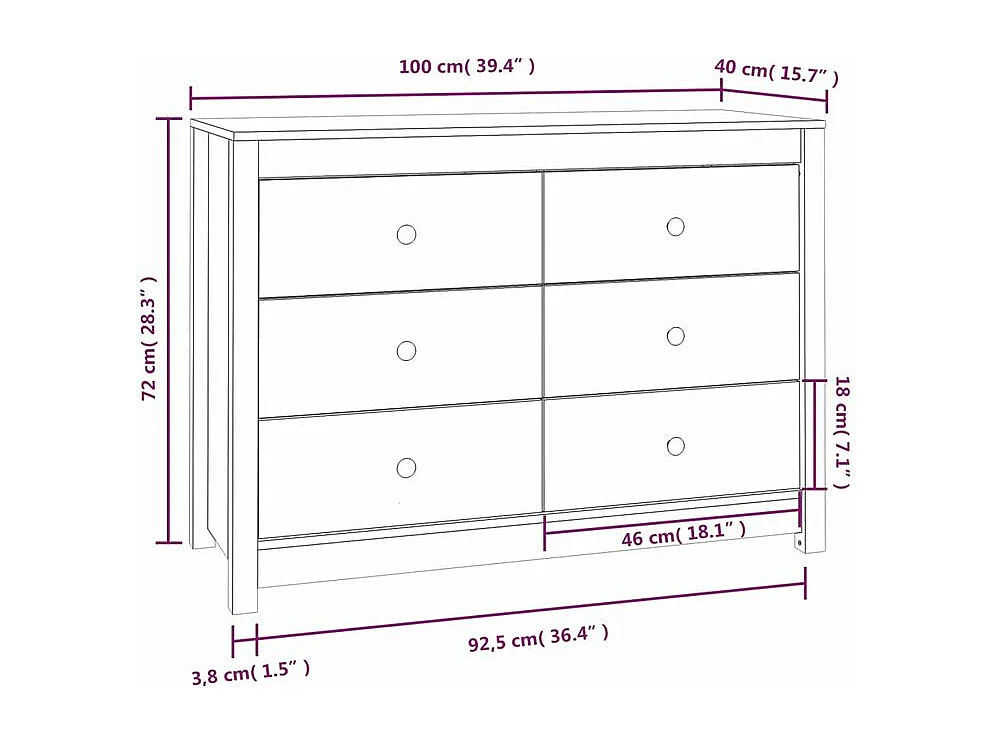 Commode 6 tiroirs en bois de pin massif 100cm – Collection Kaskita-Couleur Blanc