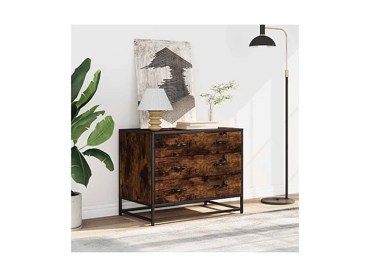 Commode 3 tiroirs Dovany L70xH56xP41 - Bois et métal-Couleur Marron fumé