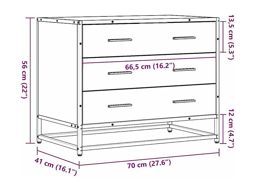 Commode 3 tiroirs Dovany L70xH56xP41 - Bois et métal-Couleur Marron fumé