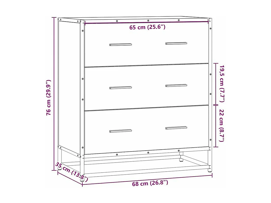 Commode 3 tiroirs Dovany L68xH76xP35 - Bois et métal-Couleur Chêne brun