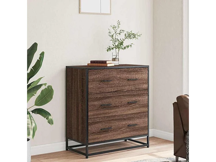 Commode 3 tiroirs Dovany L68xH76xP35 - Bois et métal-Couleur Chêne brun