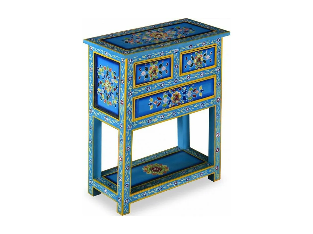 Commode 3 tiroirs bois de manguier massif turquoise Pinkie