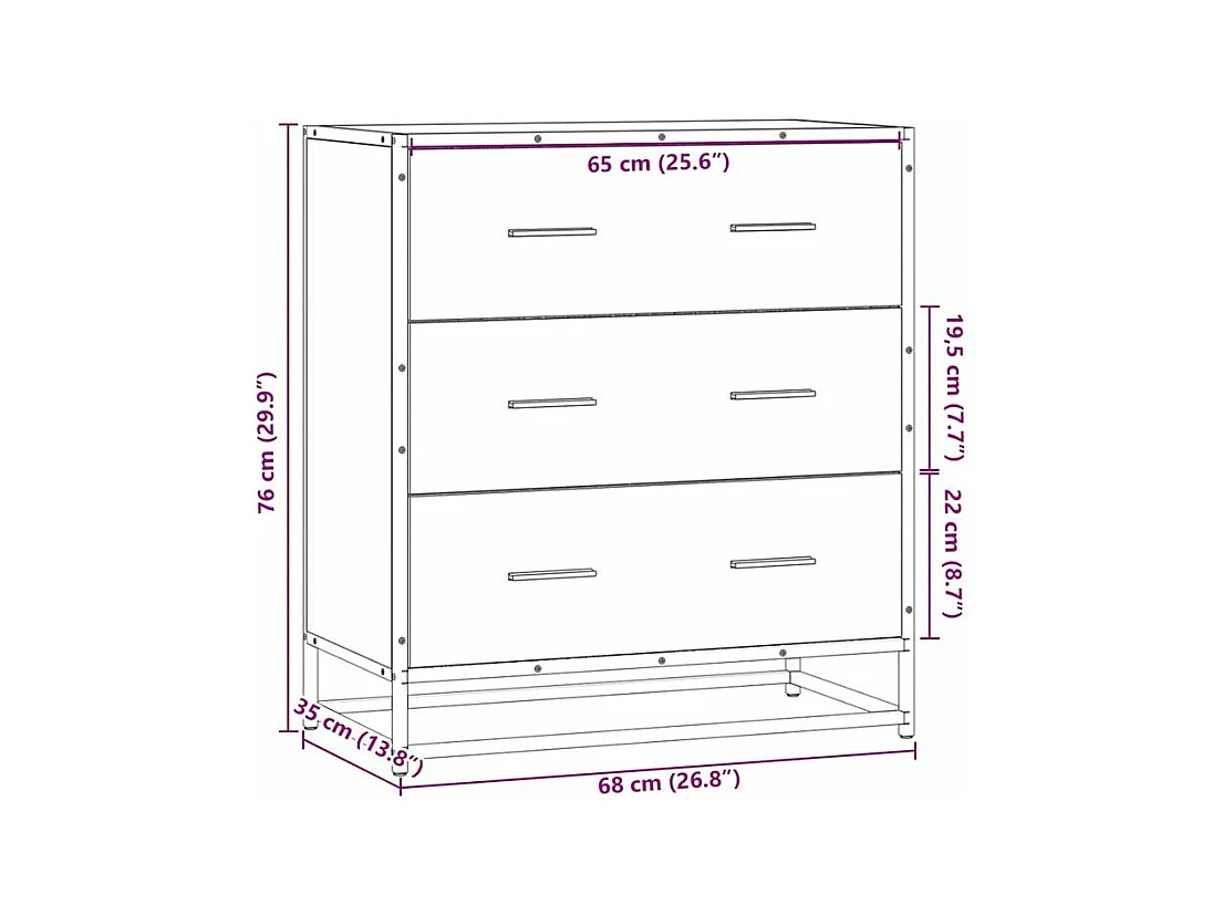 Commode 3 tiroirs Dovany L68xH76xP35 - Bois et métal-Couleur Chêne gris