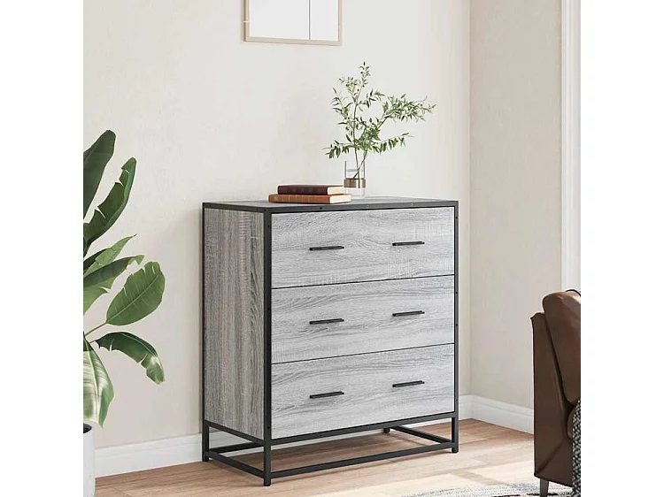 Commode 3 tiroirs Dovany L68xH76xP35 - Bois et métal-Couleur Chêne gris