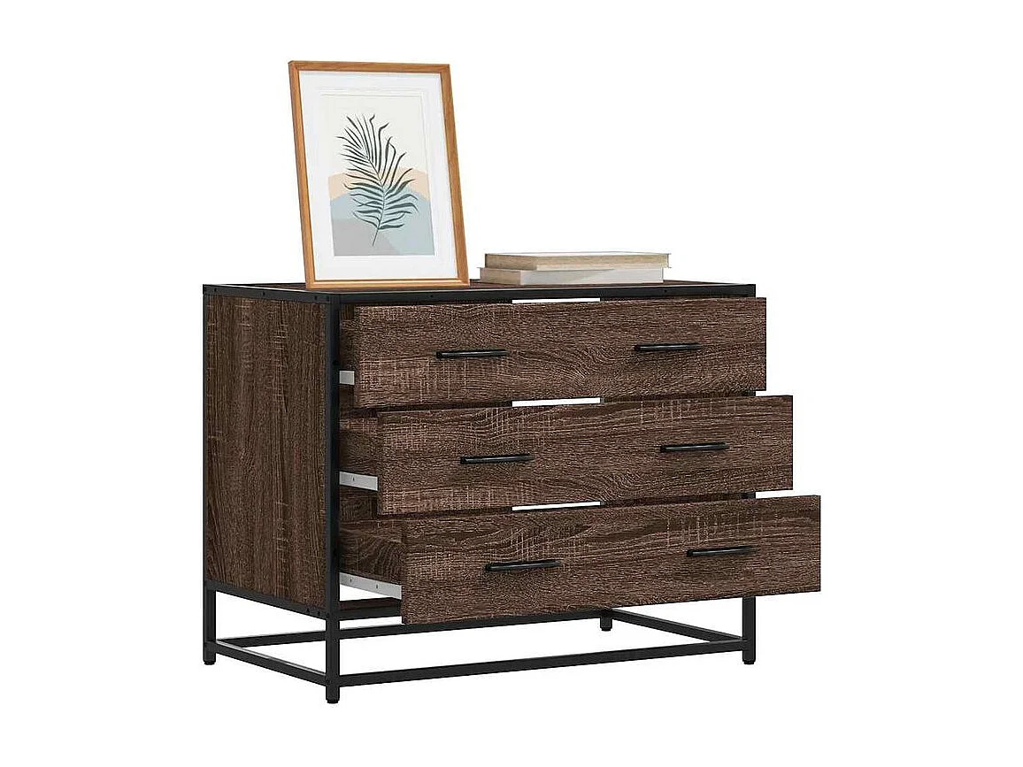 Commode 3 tiroirs Dovany L70xH56xP41 - Bois et métal-Couleur Chêne brun