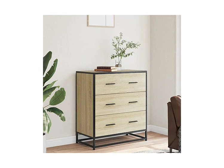 Commode 3 tiroirs Dovany L68xH76xP35 - Bois et métal-Couleur Chêne clair