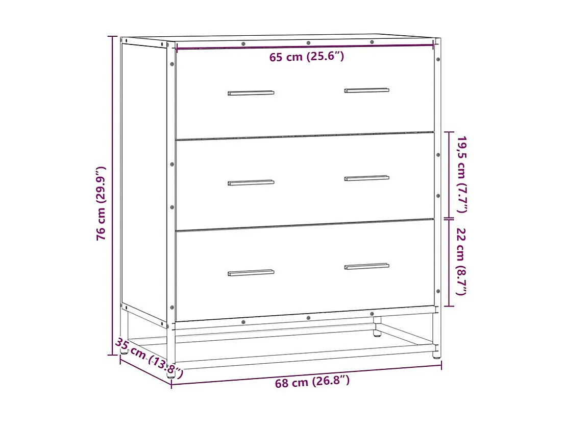 Commode 3 tiroirs Dovany L68xH76xP35 - Bois et métal-Couleur Chêne clair