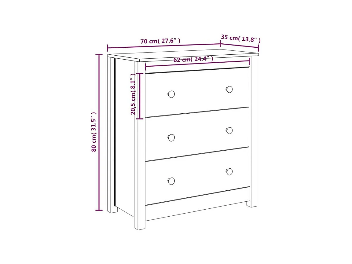 Commode 3 tiroirs en pin massif – Collection Aloska-Couleur Blanc