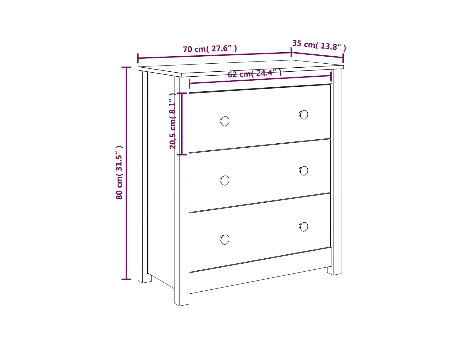 Commode 3 tiroirs en pin massif – Collection Aloska-Couleur Naturel