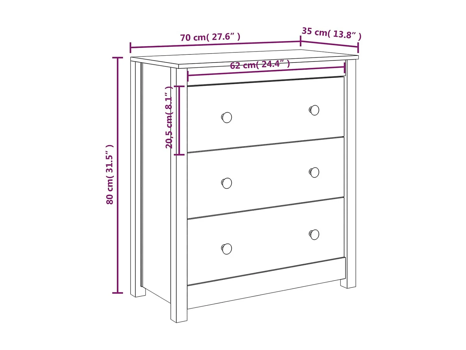 Commode 3 tiroirs en pin massif – Collection Aloska-Couleur Naturel