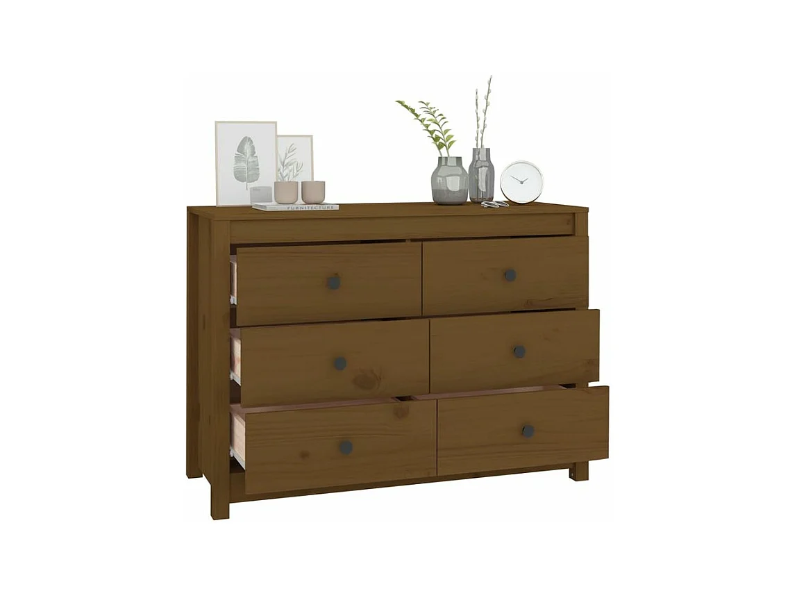 Commode 6 tiroirs en bois de pin massif 100cm – Collection Kaskita-Couleur Marron