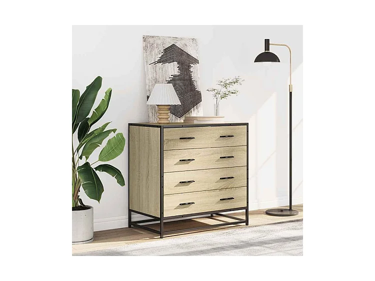 Commode 4 tiroirs Dovany L70xH70xP41 - Bois et métal-Couleur Chêne clair