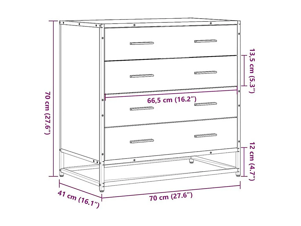 Commode 4 tiroirs Dovany L70xH70xP41 - Bois et métal-Couleur Chêne clair