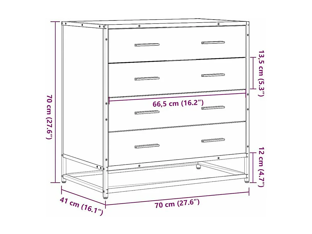 Commode 4 tiroirs Dovany L70xH70xP41 - Bois et métal-Couleur Chêne brun