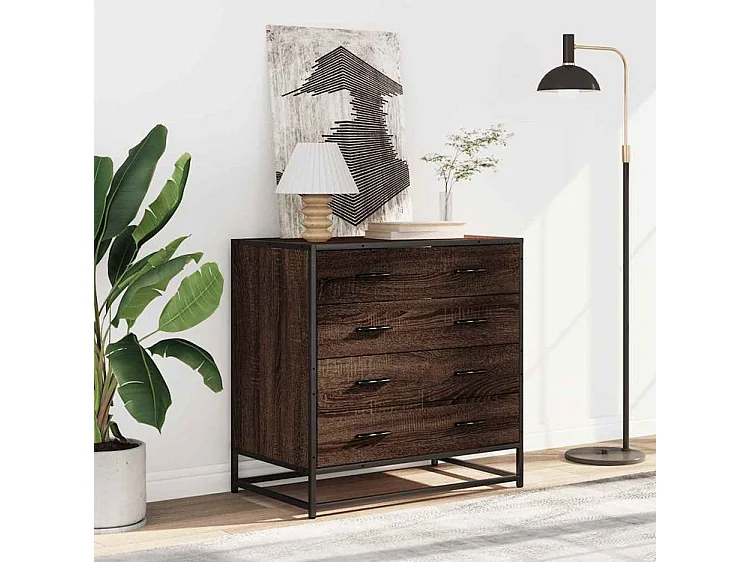 Commode 4 tiroirs Dovany L70xH70xP41 - Bois et métal-Couleur Chêne brun