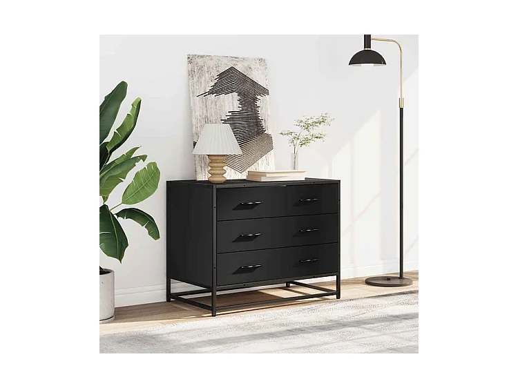 Commode 3 tiroirs Dovany L70xH56xP41 - Bois et métal-Couleur Noir