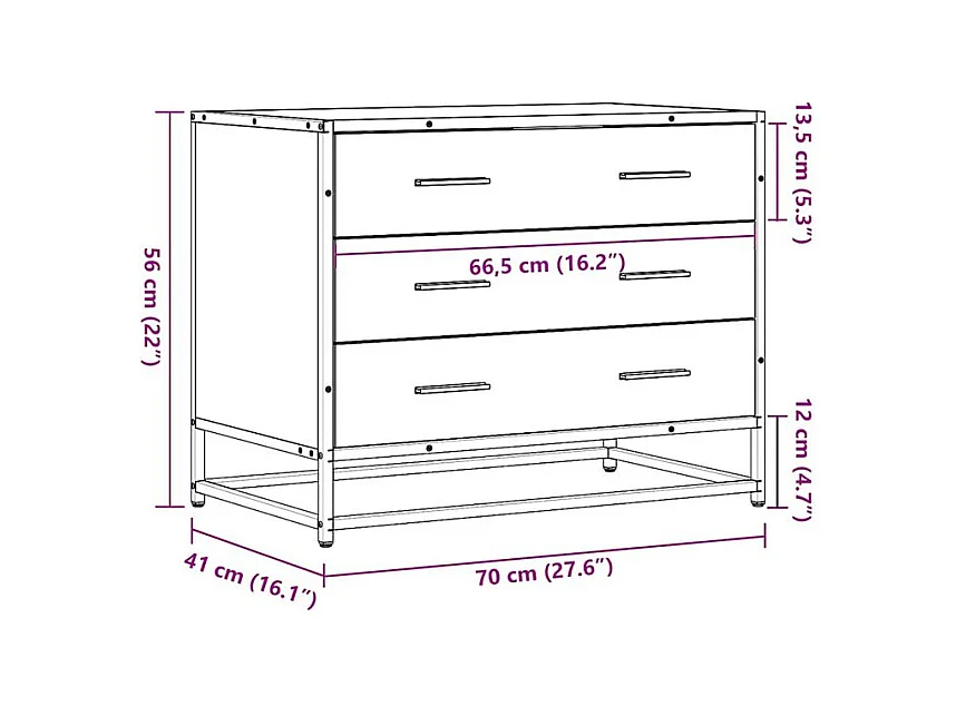 Commode 3 tiroirs Dovany L70xH56xP41 - Bois et métal-Couleur Noir