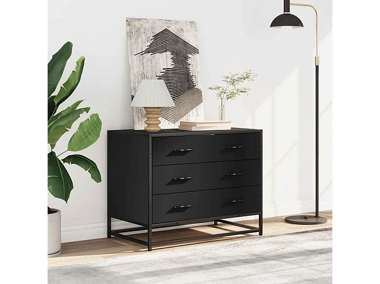 Commode 3 tiroirs Dovany L70xH56xP41 - Bois et métal-Couleur Noir