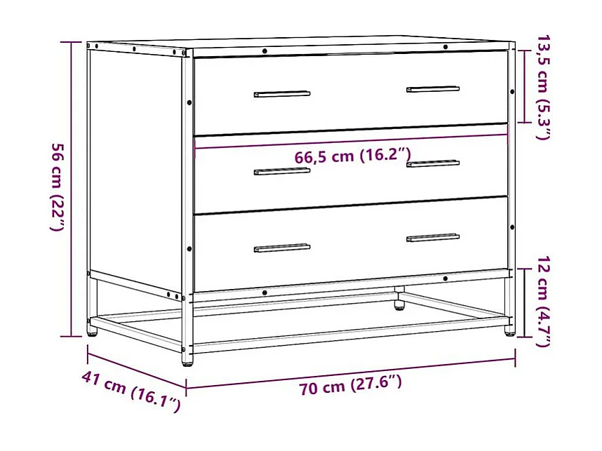 Commode 3 tiroirs Dovany L70xH56xP41 - Bois et métal-Couleur Noir