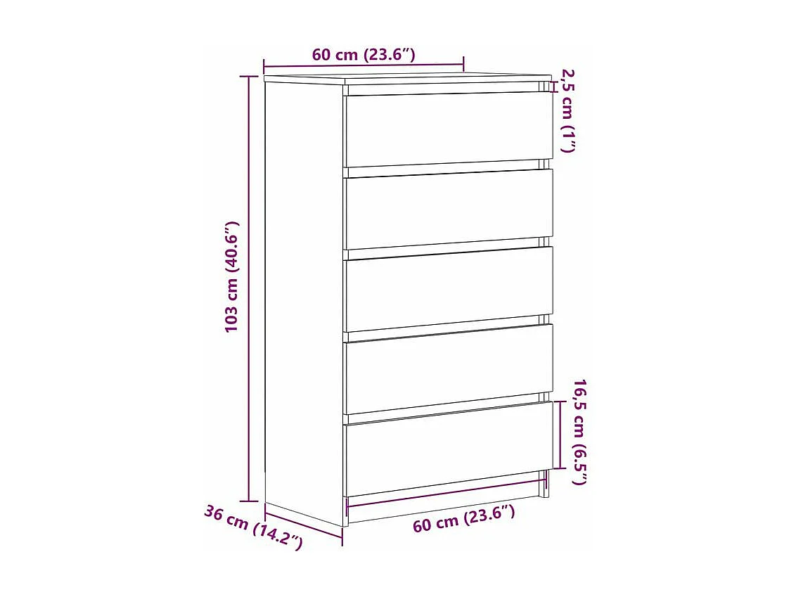 Commode haute 5 tiroirs Klasko 60cm - Bois d'ingénierie-Couleur Marron clair