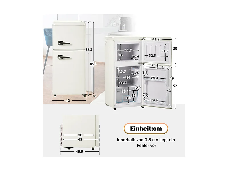 Réfrigérateur 22L+38L, double porte avec LED et pieds réglables, classe E, -27°C-13°C, 102 kWh/an, Blanc, 42x45.5x88.8cm
