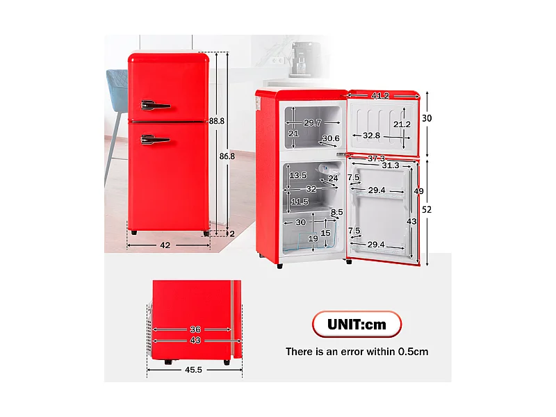 Réfrigérateur 22L+38L, double porte avec LED et pieds réglables, classe E, -27°C-13°C, 102 kWh/an, Rouge, 42x45.5x88.8cm