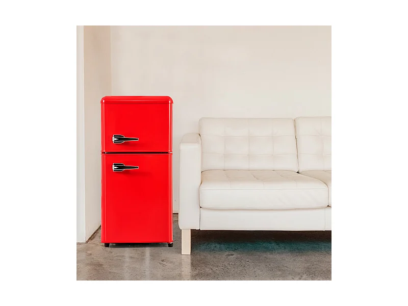 Réfrigérateur 22L+38L, double porte avec LED et pieds réglables, classe E, -27°C-13°C, 102 kWh/an, Rouge, 42x45.5x88.8cm