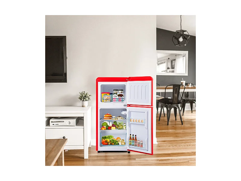 Réfrigérateur 22L+38L, double porte avec LED et pieds réglables, classe E, -27°C-13°C, 102 kWh/an, Rouge, 42x45.5x88.8cm