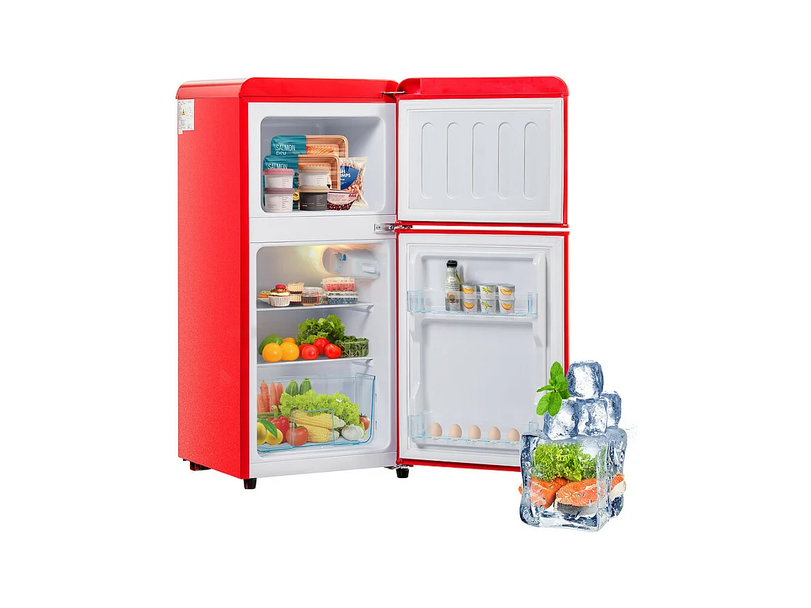 Réfrigérateur 22L+38L, double porte avec LED et pieds réglables, classe E, -27°C-13°C, 102 kWh/an, Rouge, 42x45.5x88.8cm