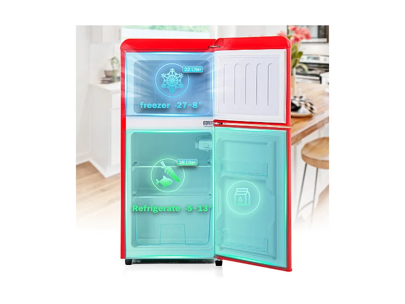 Réfrigérateur 22L+38L, double porte avec LED et pieds réglables, classe E, -27°C-13°C, 102 kWh/an, Rouge, 42x45.5x88.8cm