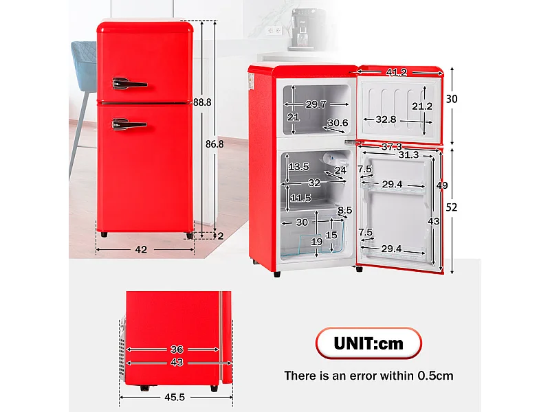 Réfrigérateur 22L+38L, double porte avec LED et pieds réglables, classe E, -27°C-13°C, 102 kWh/an, Rouge, 42x45.5x88.8cm