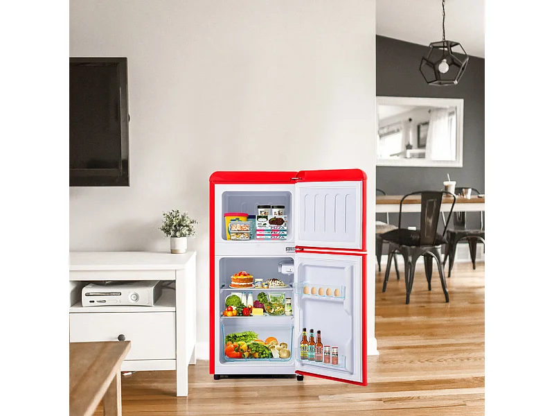Réfrigérateur 22L+38L, double porte avec LED et pieds réglables, classe E, -27°C-13°C, 102 kWh/an, Rouge, 42x45.5x88.8cm