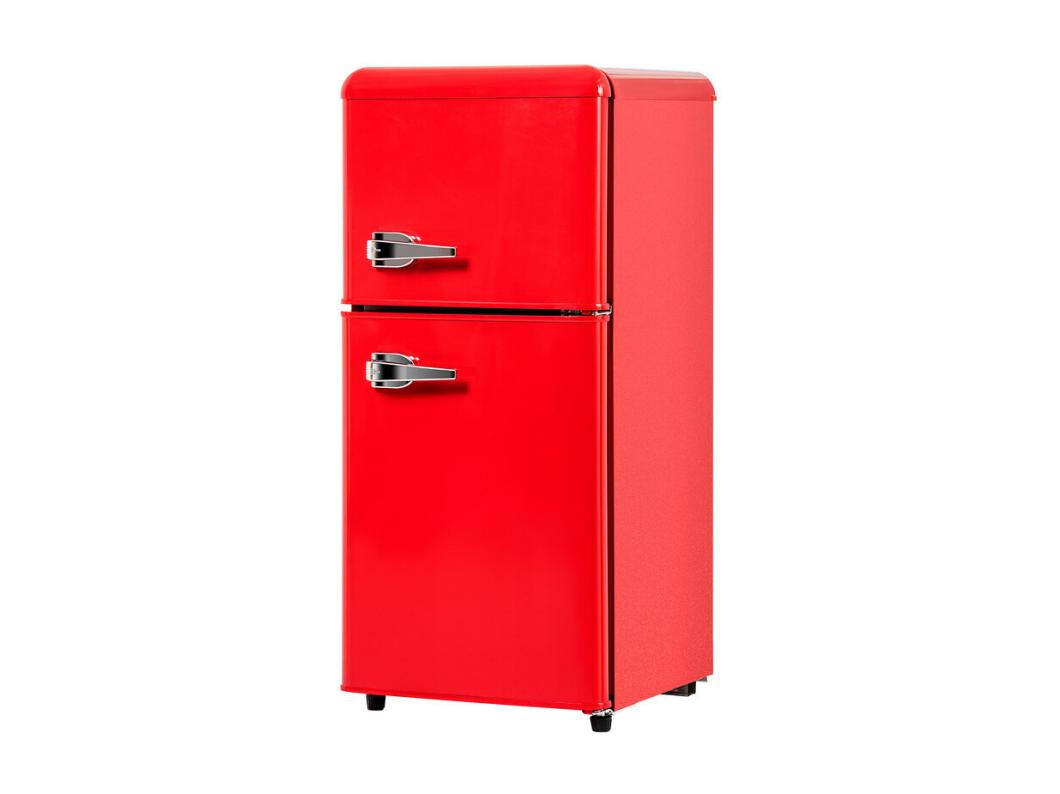 Koelkast 22L+38L, dubbele deur met LED en verstelbare poten, klasse E, -27°C-13°C, 102 kWh/jaar, Rood, 42x45.5x88.8cm
