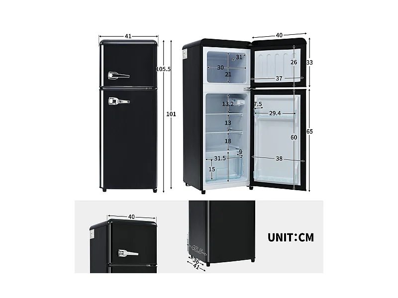 Frigorífico 28L+64L, -27°C~13°C, 116 kWh/ano, 45dB, eficiência energética D, Preto, 41x45.5x105.5cm