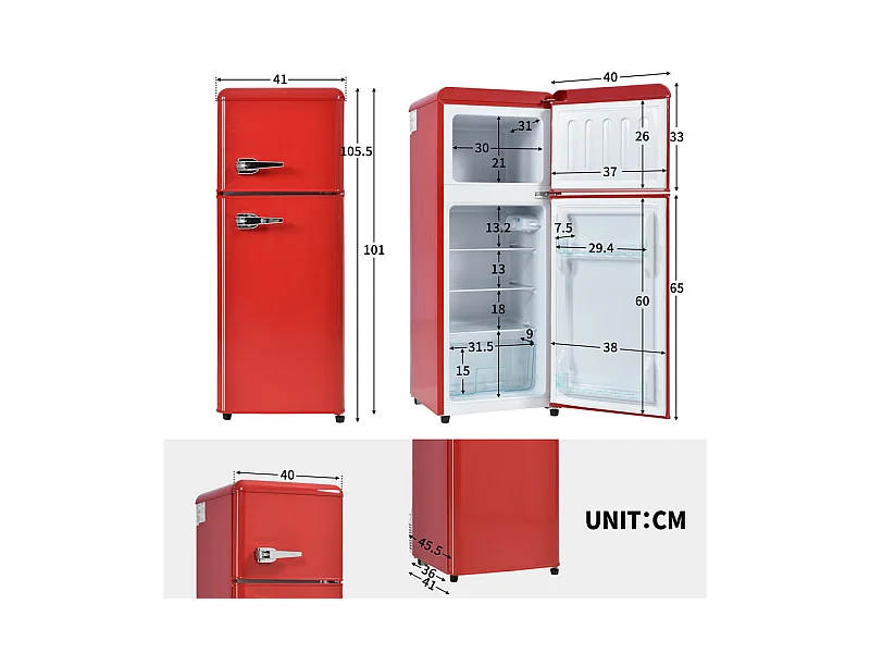 Frigorífico 28L+64L, -27°C~13°C, 116 kWh/ano, 45dB, eficiência energética D, Vermelho, 41x45.5x105.5cm