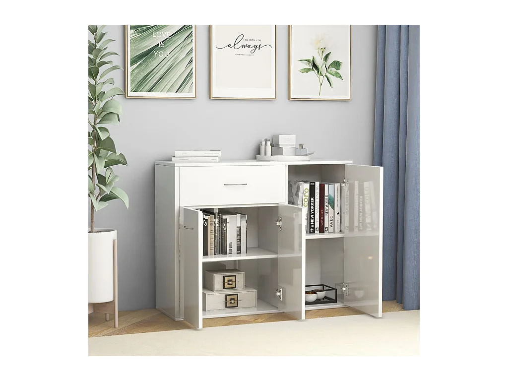 Petit buffet 3 portes et 1 tiroir Homa L 88cm - Gamme intemporelle-Couleur Blanc brillant