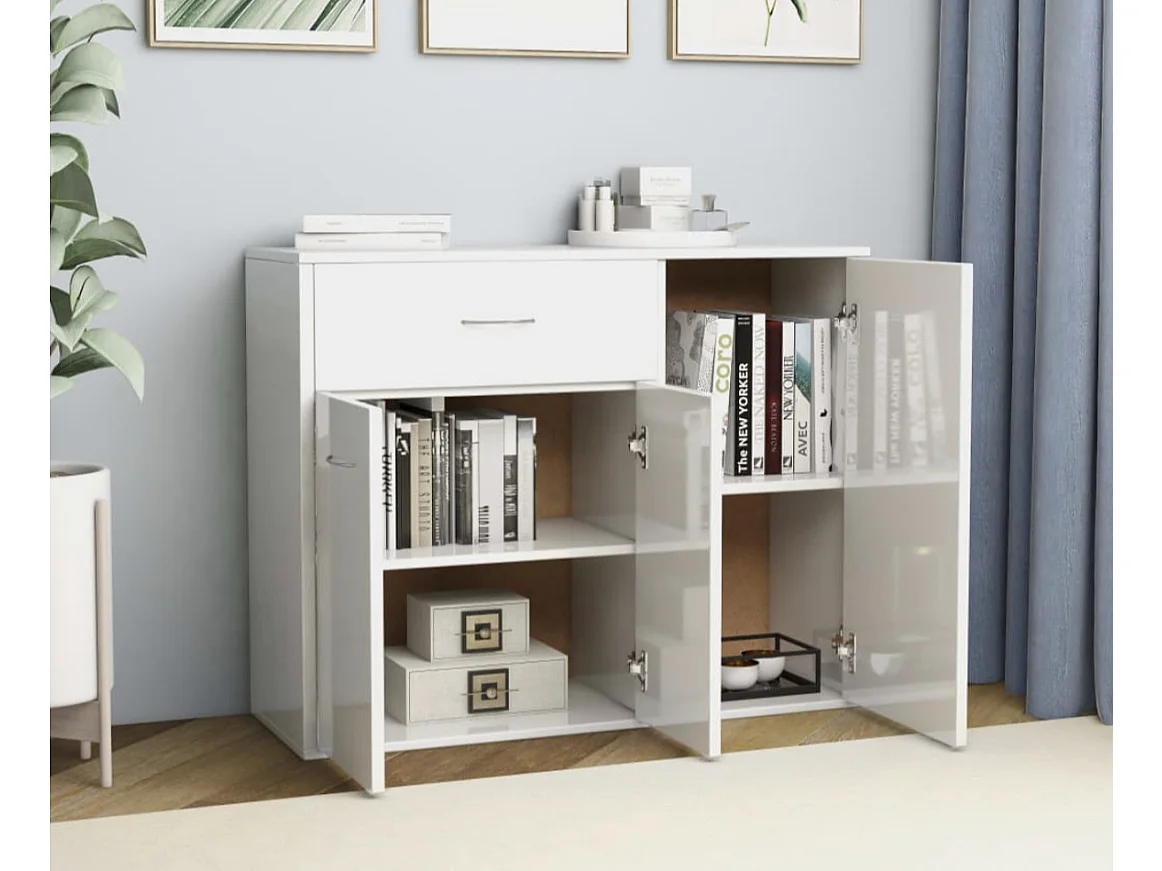 Petit buffet 3 portes et 1 tiroir Homa L 88cm - Gamme intemporelle-Couleur Blanc brillant