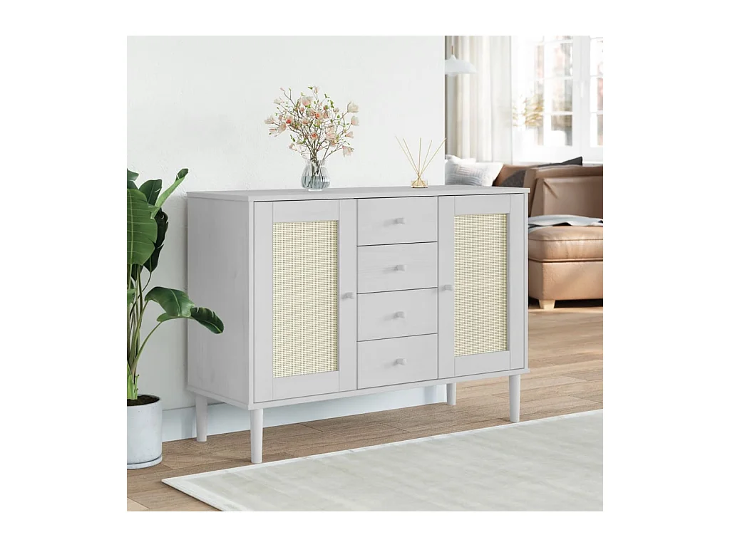 Buffet SENJA aspect rotin blanc 112x40x80 bois massif de pin