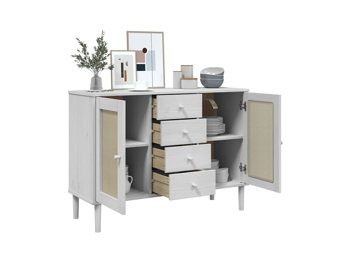 Buffet SENJA aspect rotin blanc 112x40x80 bois massif de pin