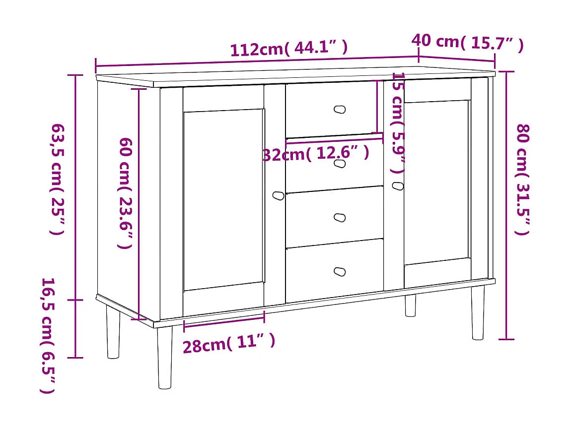 Buffet SENJA aspect rotin blanc 112x40x80 bois massif de pin