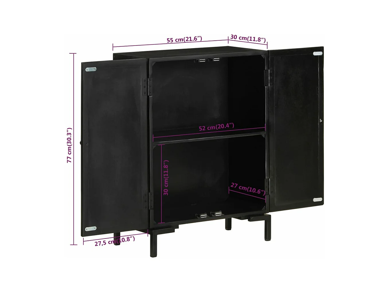 Buffet noir 55x30x77 bois massif de manguier et fer