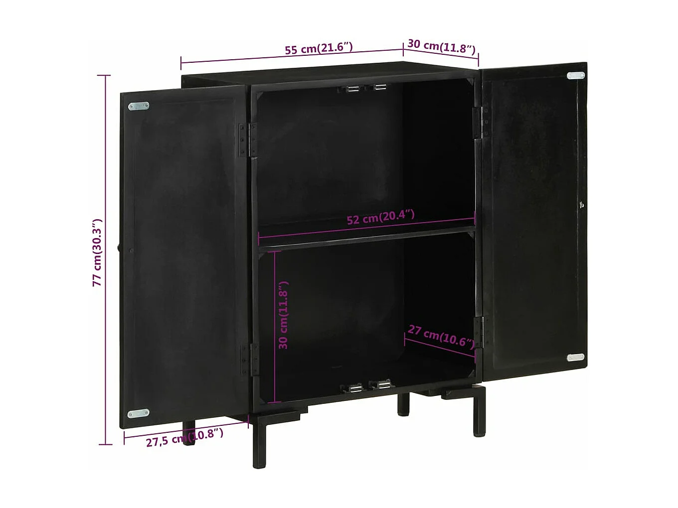 Buffet noir 55x30x77 bois massif de manguier et fer