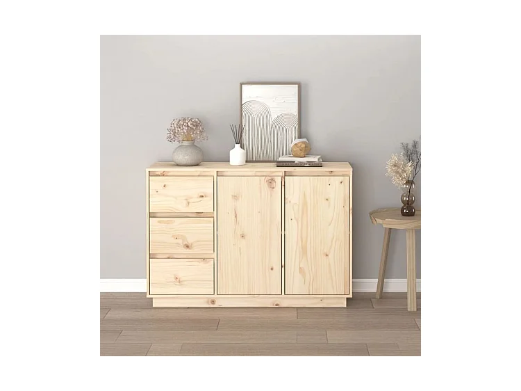 Petit buffet 2 portes 3 tiroirs en bois massif de pin Romane – Style classique et fonctionnel-Couleur Naturel