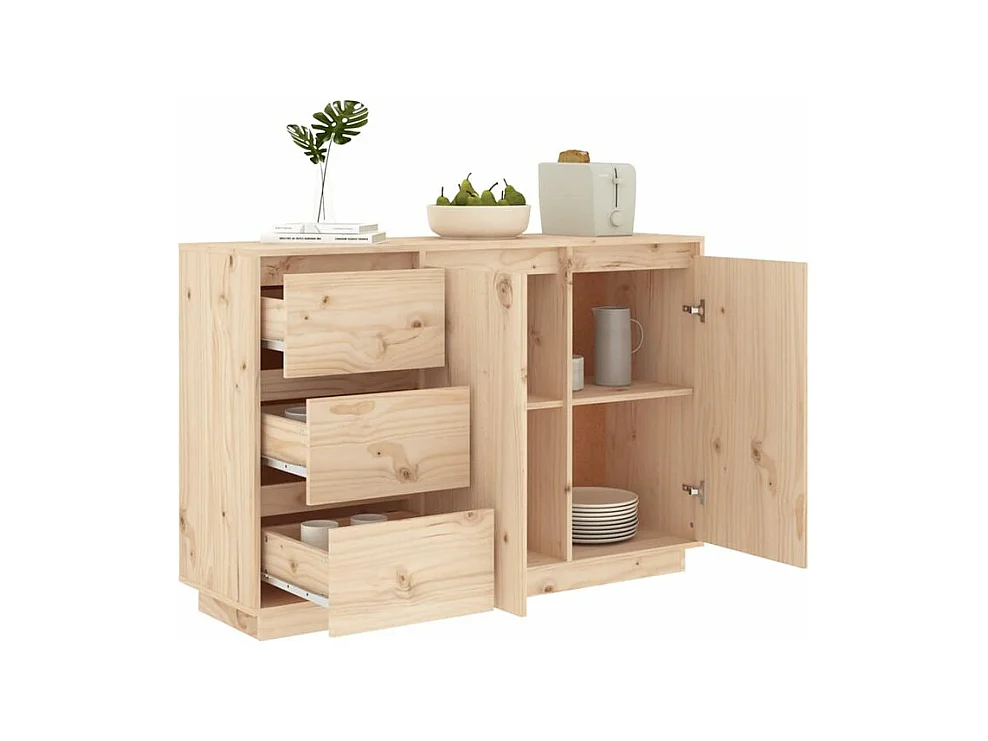 Petit buffet 2 portes 3 tiroirs en bois massif de pin Romane – Style classique et fonctionnel-Couleur Naturel