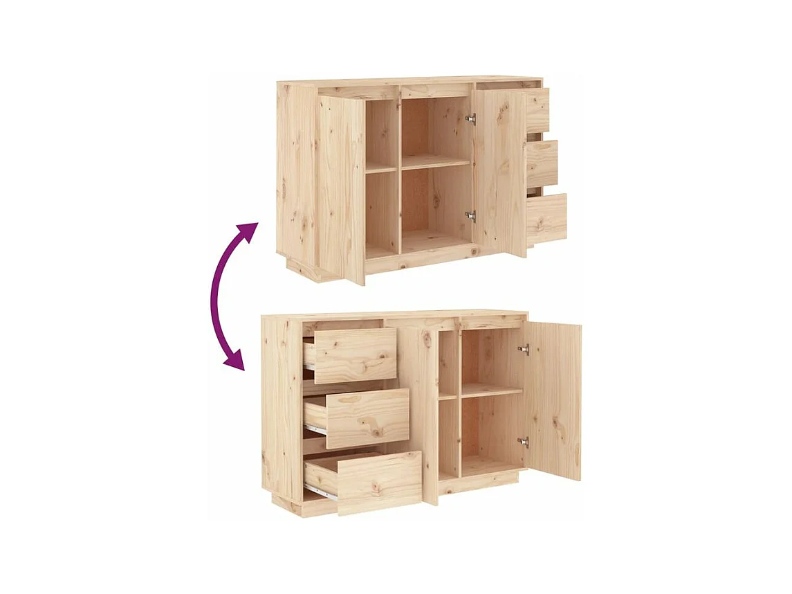 Petit buffet 2 portes 3 tiroirs en bois massif de pin Romane – Style classique et fonctionnel-Couleur Naturel